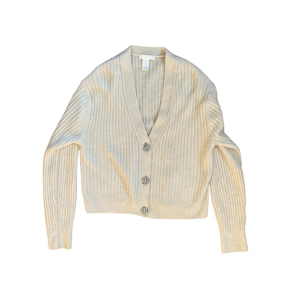 H&M Cream Ribbed Cropped Cardigan with Jewel Buttons, Small with Stretch, Fuzzy